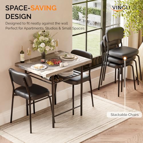 Image of VINGLI Dining Table Set for 2, Small Kitchen Table Set with Upholstered Chairs, 3-Piece Dining Set with Storage Rack, Wood Dining Room Set with Metal Legs for Small Spaces, Living Room, Grey