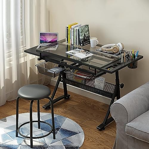 Drawing Table, Height/Angle Adjustable Drawing Desk Craft Station Drafting Table with One Side Table, Stool and Two Drawers