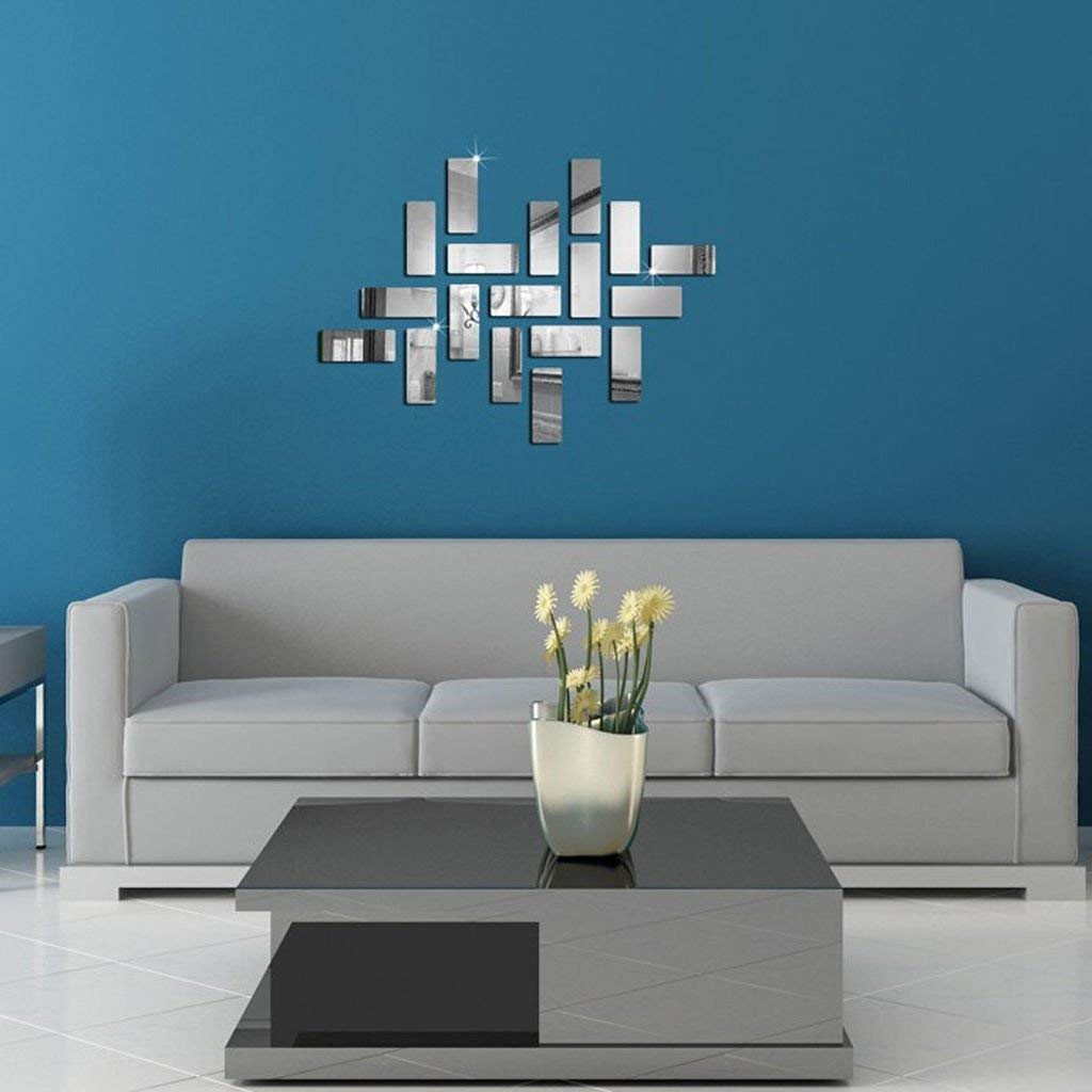 Vroxy Self Adhesive Wall Mirror Sticker | Acrylic Rectangular Shape Mirror Sticker | Feather 3D Mirror Stickers for Home, Living Room, Set of 6 Piece (Rectangular Shape (15X8Cm), Unframed)