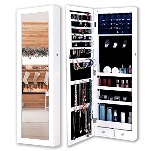 KEDLAN 6 LEDs Mirror Jewelry Cabinet, 43.3" H Lockable Wall/Door Mounted Jewelry Armoire Organizer with Mirror, 2 Drawers, White JC600