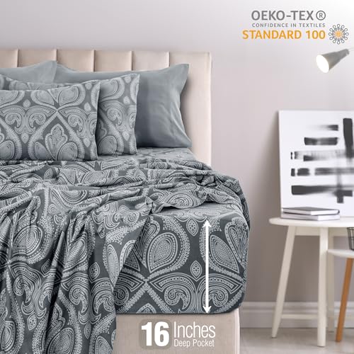 LUX Décor Paisley Queen Sheet Set – 6 Piece Ultra-Soft Microfiber Bed Sheets with Flat Sheet, 16 Inches Deep Pocket Fitted Sheet & 4 Pillowcases, Breathable, Bedroom Decor, Oeko-TEX – Grey