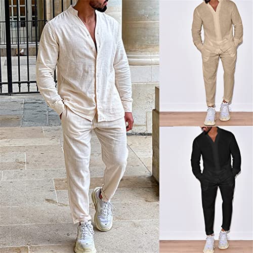 Mens Linen Drawstring Casual Suit Spring Autumnlong Sleeve Shirts and Trousers Two Piece Sets2