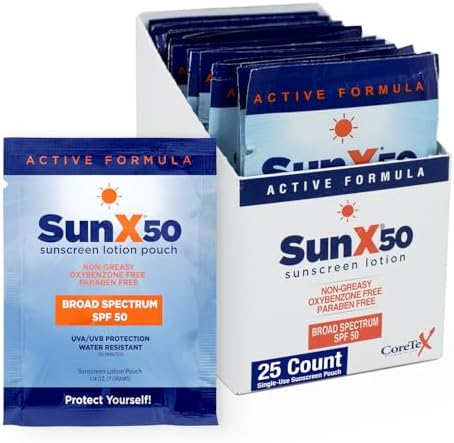 CoreTex Sun X 50 SPF Broad Spectrum Sunscreen Packets - Pack of 25 Paraben, Oxybenzone, Octinoxate, & Oil Free Sunscreen - No White Cast and Water Resistant Up to 80 Minutes
