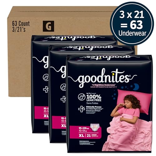 Image of GoodNites Girls Nighttime Underwear, Size Extra Large, 63 Ct, 3 Packs of 21