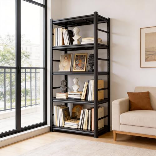 Image of 5 Tier Bookshelf, Large Industrial Metal Shelving, Heavy Duty Storage Shelves For Books And Display. Adjustable Open Standing Book Shelf For Living Room, Bedroom, Office (35.4 inchWx15.7 inchDx71.2 inchH)