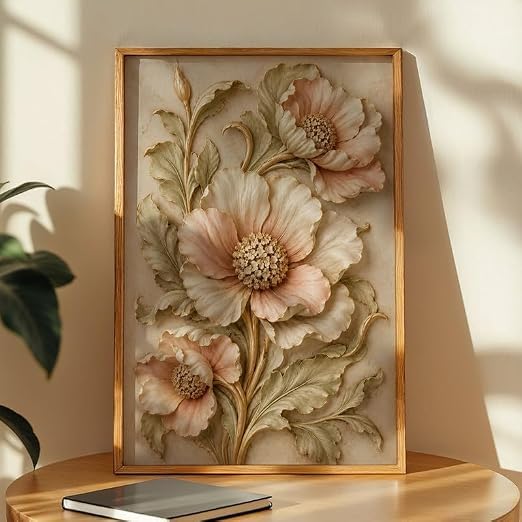 Image of NoWorries Floral Botanical Wall Painting with Frame | Premium Textured Flower & Leaf Artwork, Pastel Nature Wall Decor Framed for Living Room Bedroom Office and Home Decoration (Art-7,21x31inch)