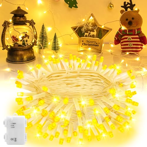 cshare Christmas String Lights Battery Operated, LED Christmas Lights Outdoor with Tiimer White Wire Mini Lights 16.4ft 50LED for Christmas Tree Garland Wedding Party Warm White