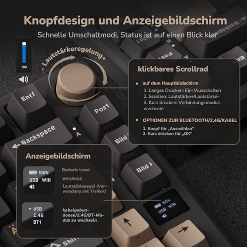 RK ROYAL KLUDGE M75 Gaming Tastatur kabellos 75% Prozent TKL Mechanische Tastatur RGB 2,4 GHz Wireless/Bluetooth/USB-C QWERTZ mit OLED-Smart-Display und Knopf Hot Swappable Braune Schalter, Grau