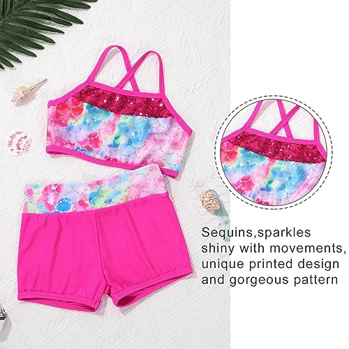 Image of Agoky Kids Girls 2PCS Sports Outfits Ballet Gym Sequins Mermaid Tank Top Shorts Set Tankini Swimwear Gymnastics Tracksuit