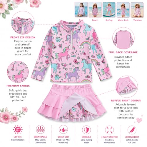 Image of Girls Rash Guard Swimsuit Set UPF 50+ Long Sleeve Two Piece Swimwear Half Zip with Skirt Bottom for Kids 3-10Y