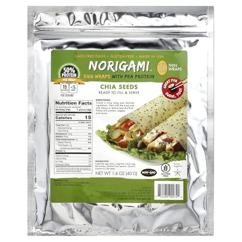 Norigami Egg Wraps with Pea Protein – Chia Seeds. High Protein, Low Carb, Vegetarian. Thin Healthy Wraps -Certified Kosher, Non-GMO, Gluten Free -NOW Featuring 10 Wraps in a bag.