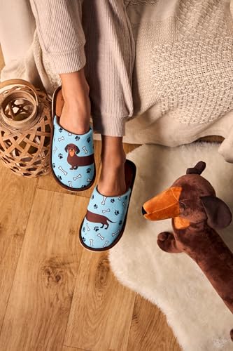 Dedoles Hausschuhe Damen Herren & Kinder Memory-Foam viele lustige Designs Einhorn Musik Regenbogen Comics Spiele Geschenk, Farbe: Blau, Motiv: Langer Dackel, Gr. 38-39 EU