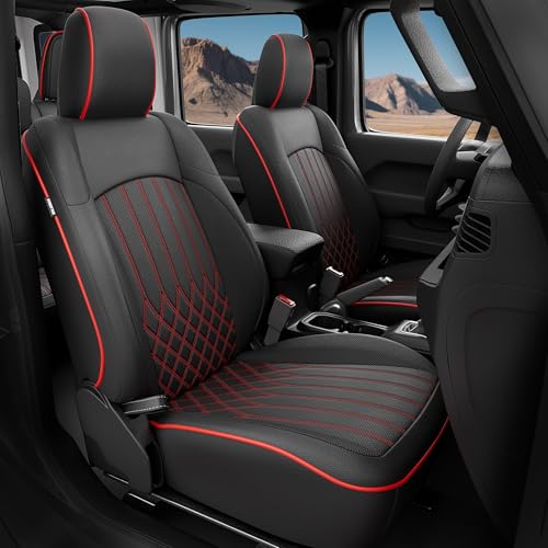 FEINEPRO for Jeep Wrangler Seat Covers 4 Door JL 2026 2025 2024 2023 2022 2021 2020 2019 2018 Custom Seat Cover Full Set Faux Leather Without Rear Cup Holder- BlackRed