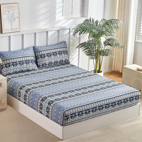 Tokokimo Draps-housses à ajustement profond de 35 cm pour lit king size - Draps en microfibre douce à rayures géométriques style bohème bleu marine pour lit king...