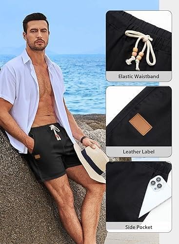 Mens Casual 5"/ 7" Cotton Linen Shorts - Elastic Waist Drawstring Summer Beach Shorts with Pockets4
