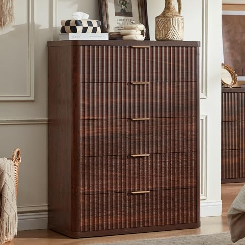 Image of LEYAOYAO Fluted 5 Drawers Dresser for Bedroom, 41 inch Tall Modern Chest of Drawers with Metal Handle, Curved Profile Farmhouse Closet Organizer Wood Dressers TV Stand for Living Room, Hallway, Walnut