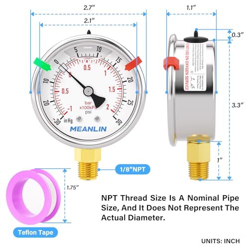 Image of MEANLIN MEASURE -30inHG~30Psi Vacuum Pressure Gauge 1 /8 inch NPT 2.5 inch FACE DIAL, Stainless Steel Liquid Filled Pressure Gauge WOG Water Oil Air Lower Mount (with 2PCS Snaps)
