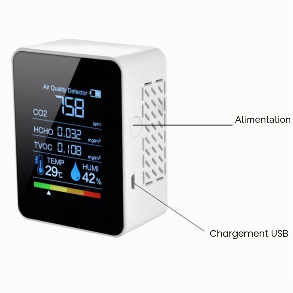 Détecteur de dioxyde de Carbone 5 en 1 Détecteur de qualité d'air intérieur CO2 Compteur numérique TVOC HCHO Moniteur de température et d'humidité Testeur de rétroéclairage (Blanc)