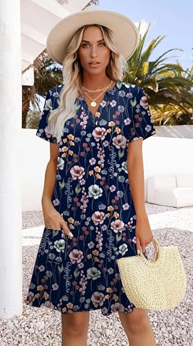 Image of WIHOLL Summer Dresses for Women Casual V Neck Wedding Guest Dress Hawaiian Midi Dress Fashion Beach Vacation Clothes