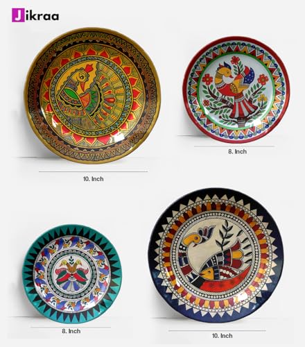 Image of Indian Madhubani Folk Art Ceramic Decorative Designer Wall Plates | Traditional Wall Hanging for Home & Office Decor (Set of 4 Plates - 2 x 10 Inch, 2 x 8 Inch)