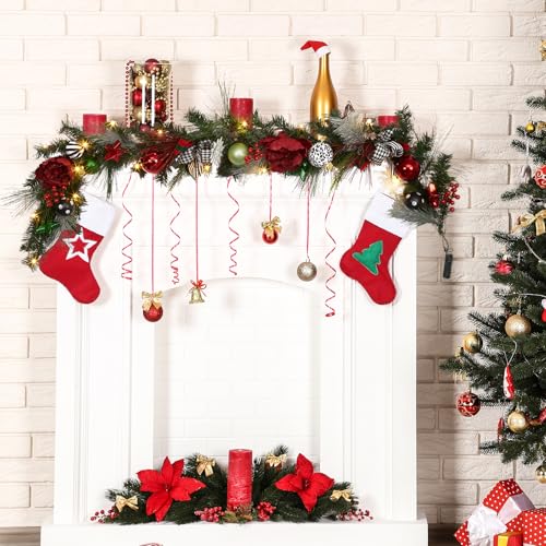 GarveeHome Prelit Christmas Garland for Mantle, 6ft Battery Operated Xmas Garland with 20 LED Lights Timer Red Green Balls for Fireplace Stair Railing TV Stand Indoor Outdoor Holiday Decor