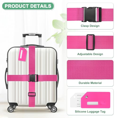 Image of M METERXITY 2-Sets Luggage Straps TSA Approved, Travel Straps for Luggage Suitcase Tags Set, Adjustable Suitcase Belt [Rose Red]