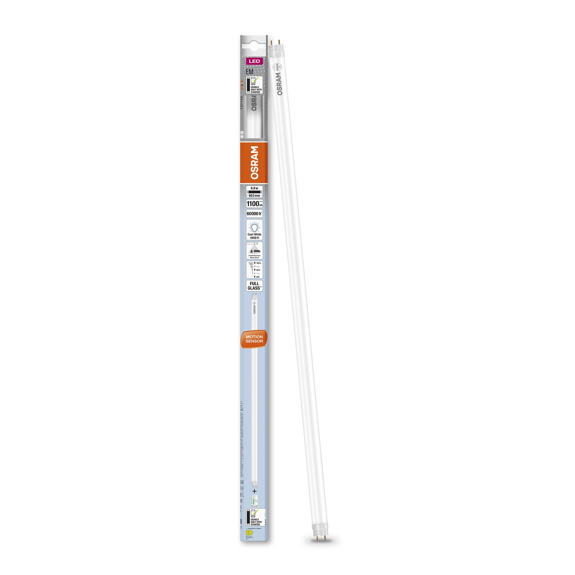 OSRAM Tubos LED de con sensor de microondas integrado para balastos electromagnéticos, 6.8 W, G13, tubo, dos, 4000 K, vidrio con protección de rotura, blanco frío, paquete 8-al igual