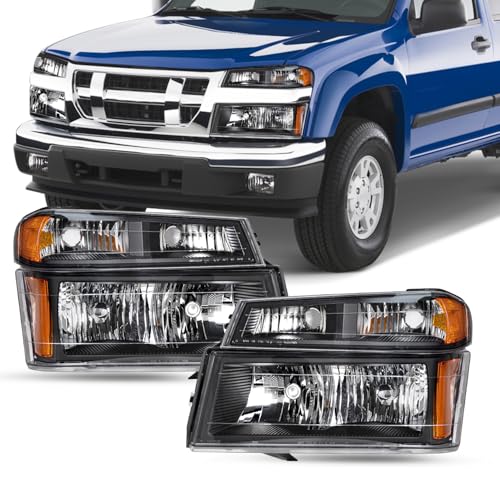 SOCKIR 4pcs Headlight Assembly Compatible with 04-12 Chevy Colorado / 04-12 GMC Canyon / 06-08 Isuzu I-Series Headlamps with bumper lights Black Housing with Amber Reflector