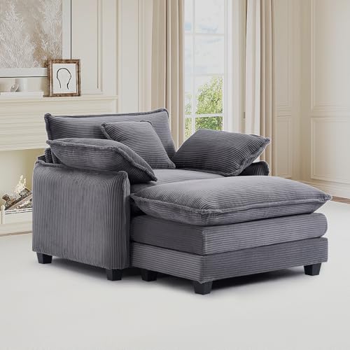 LUXSeatful Oversized Chair with Ottoman, Modern Corduroy Sofa Bed, Single Sofa Chaise, Large Upholstered Sofa for Living Room, Bedroom - Grey