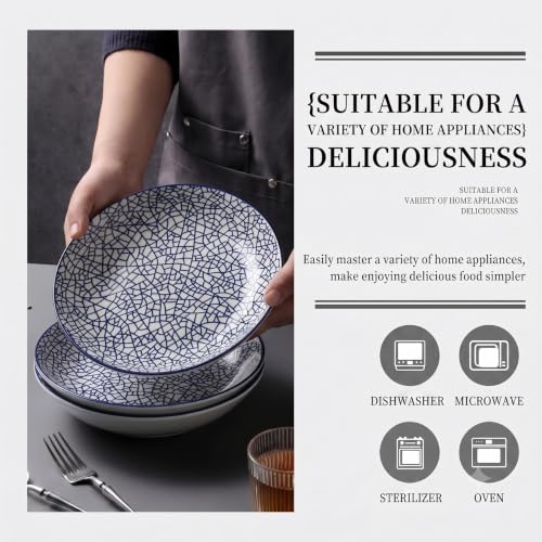 Image of Ceramic Dinner Plates, Round Plates with Blue Crackle Pattern, Food Grade Ceramic Tableware, Microwave & Dishwasher Safe Plates for Dining, Snacks & Desserts(Crackle Mosaic Pattern, PACK OF 4)