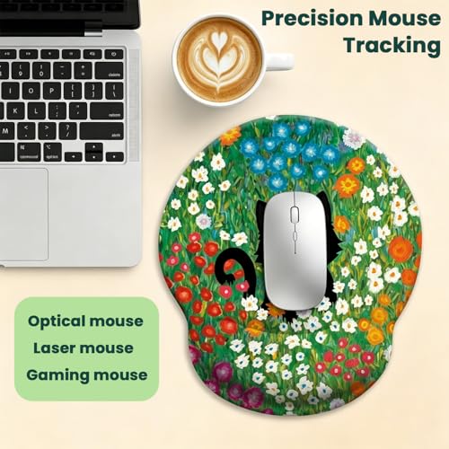 Image of ZORBES Ergonomic Mouse Pad with Wrist Support, Black Cat Floral Memory Foam Wrist Rest Mouse Pad, Non-Slip Base Smooth Surface Desk Mat for Office, Gaming & Home Workspace