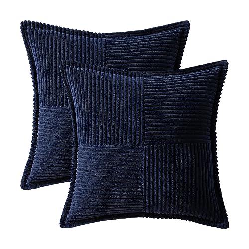 Image of MIULEE Navy Blue Corduroy Decorative Euro Sham Pillow Covers 24x24 Inch with Splicing Set of 2 Soft Boho Pillow Covers Broadside Textured Summer Coastal Pillowcases for Couch Bed Livingroom