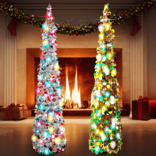 2 Pieces 5 Ft Pop Up Tinsel Christmas Tree Skinny Pencil Christmas Tree Artificial Sequin Slim Collapsible Tinsel Coastal Tree Decor For Holiday Xmas Office Fireplace Indoor Outdoor Decorations #TOP28