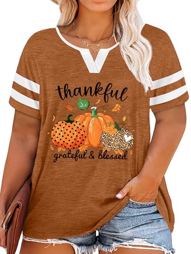 Plus Size Thanksgiving Shirts Women Thankful Grateful Blessed Shirt Leopard Pumpkin Print Casual Fall Tops