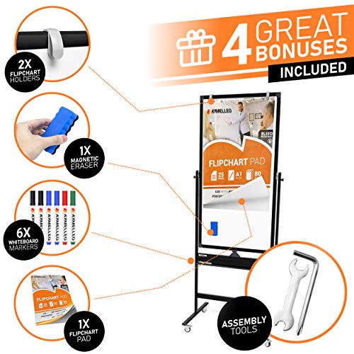 Mobile Whiteboard - 48x24 Large Adjustable Height 360° Reversible Double Sided Dry Erase Board - Magnetic White Board on Wheels - Portable Rolling Easel with Stand, Flip Chart Holders | Black - Thumbnail 4