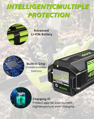Image of 2Pack 6000mAh Lithium Battery Replacement for Ryobi 40V Battery and Charger | Compatible with Ryobi 40 Volt Batteries OP40401 OP4026 OP4030 OP4050 OP40601 Cordless Tools, LED Indicator Lights