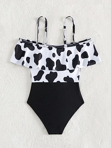 WDIRARA Girl's Cute Cow Print Swimwear Ruffle Trim Cold Shoulder Boho One Piece Swimsuit2
