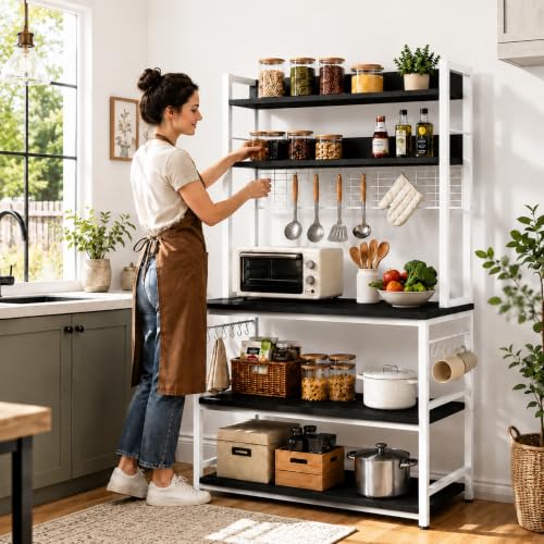 Image of 5-Tier Kitchen Organizer Rack-Multipurpose Microwave Stand for Kitchen Platform & OTG Oven-Steel Utensils Storage Shelf with Hooks - Engineered Wood & Metal Rack for Home- 100x40x170 cm - White /Black