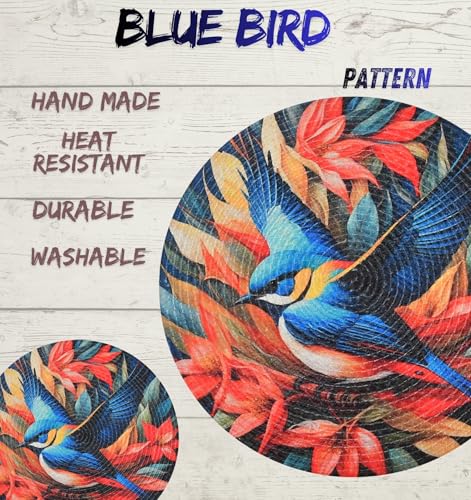 Image of LaVichitra Cotton Table Placemat | Dining Table Mat | Bed Side Table Mat | Cotton Round Shape Placemats | Washable PlaceMat for Shelves & Plant Pots - Pack of 2, Blue Bird