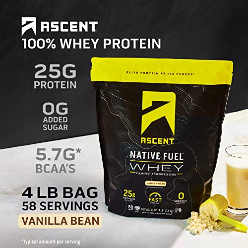 Ascent 100% Whey Protein Powder - Post Workout Whey Protein Isolate, Zero Artificial Ingredients, Soy & Gluten Free, 5.7G Bcaa, 2.7G Leucine, Essential Amino Acids, Vanilla Bean 4 Lb #TOP1