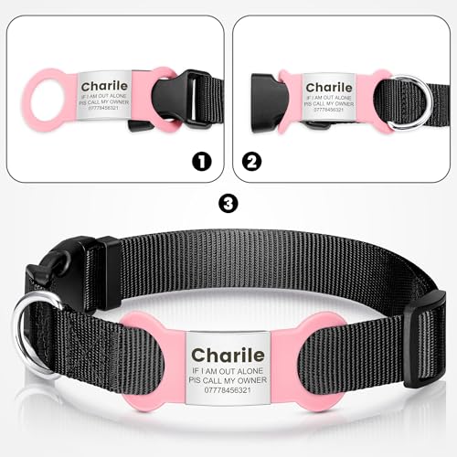 YEHANTI Nylon Hundehalsband mit Personalisiert Hundemarke, Komfortabel und Leise, Lasergraviertes Hundemarke mit Name, Adresse und Telefonnummer (Schwarz)