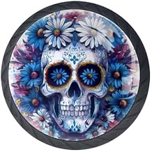 4 Pack Black Cabinet Knobs, Sugar Skull Daisies Kitchen Cabinet Knobs Black Drawer Pulls Dresser Knobs,Glass Knobs for Kitchen Cabinet Hardware Bathroom
