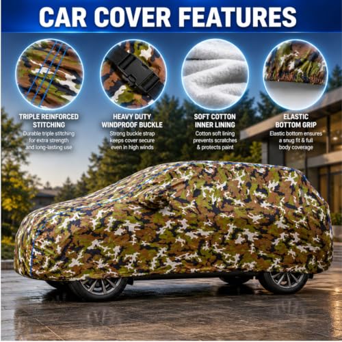 Image of Waterproof Car Body Cover for Kwid All Weather Protection Comes with Inner Cotton Lining & Triple Stitched with Mirror & Antenna Pocket Belt & Elastic Fit Army with Yellow Piping