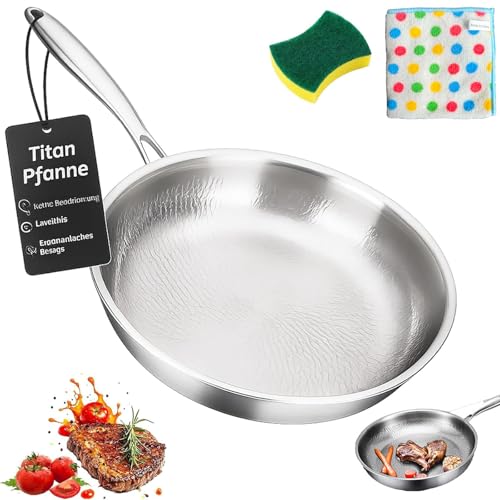 Sarten Titanio Puro, Sartenes de Titanio sin Recubrimiento, 20/24/26/28/30cm Titanium Pan, Sartén Titanios Martillado, Robusta Multifuncional Sartén Antiadherente Induccion (Ohne Deckel,20 cm)