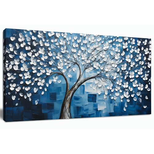 SSNEEKNDG Blue Tree of Life Wall Art for Bedroom White