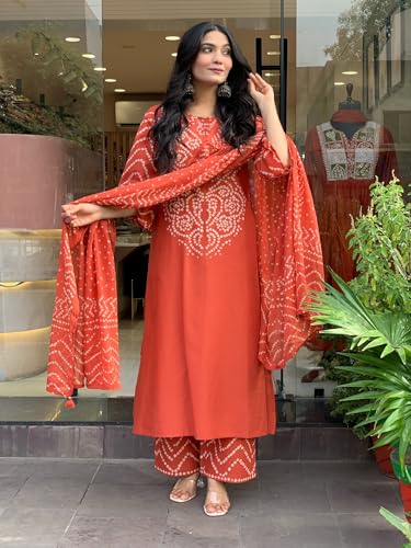 Image of GoSriKi Kurta Sets for Women Rayon Viscose Bandhani Printed | Kurti Set for Woman | Kurta Pant Dupatta Set | Straight Kurti | Round Neck 3 /4 Sleeve Suit Set for Women Stylish Ethnic Outfit
