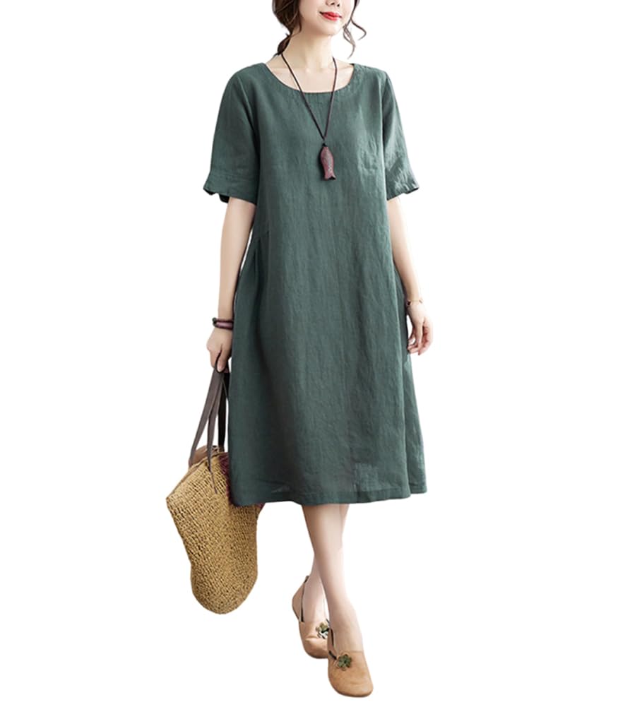 Giapponese Semplice Cotone Lino Donne Vestito Girocollo Allentato A-Line Orlo Gonna per Regalo Mamma