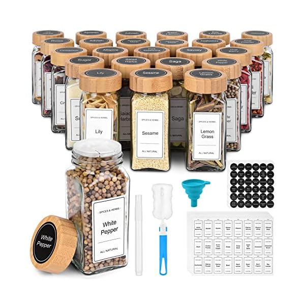 Spice Jars with Label 24Pcs, 4 oz Glass Jars with Bamboo Lids for Spice Rack, Cabinet, Drawer, Spice Containers - 528 Spice Labels, Shaker Lids, Funnel, Brush & Marker