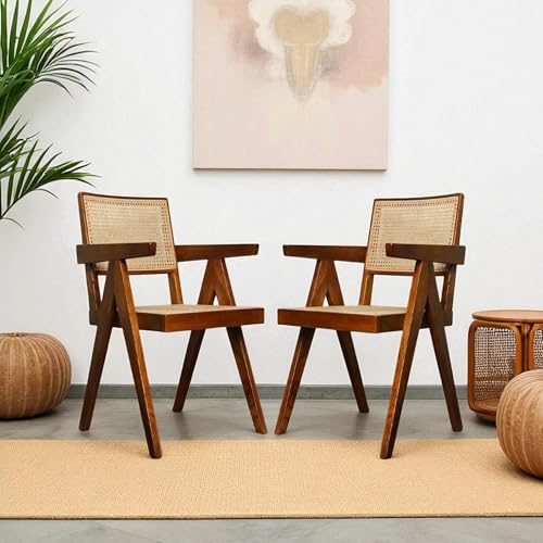 Image of Solid Wooden Armchair | Accent Chair | Rattan Lounge Chair for Livingroom, Bedroom, Hall (Set of 2) | Natural Finish | 50D x 50W x 90H CM