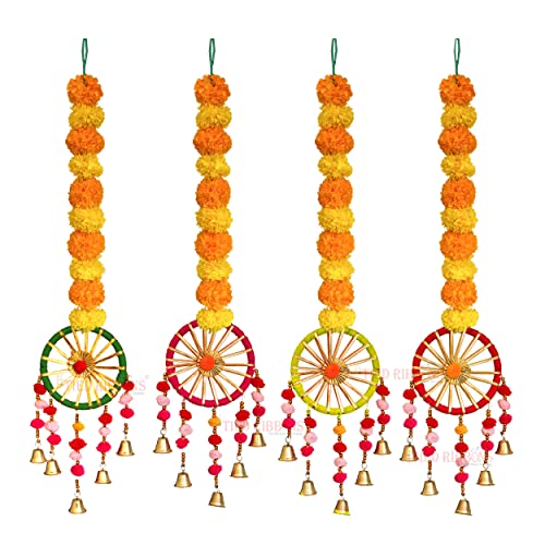 TIED RIBBONS Marigold Garland for Decoration Rajasthani Home Decor | 2.5 Feet | Set of 4 | Ganesh Chaturthi Decoration Backdrop | Wall Door Hanging Artificial Marigold Flowers Garlands for Home, Pooja